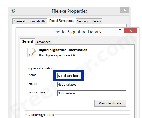 Screenshot of the Word Anchor certificate